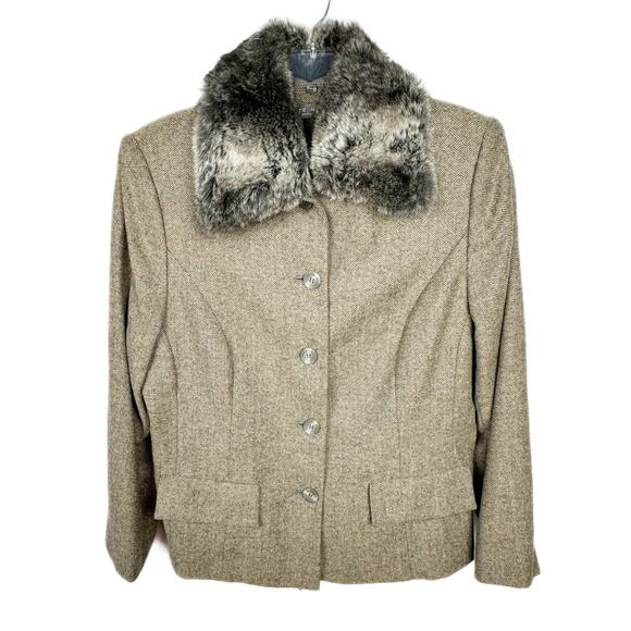Kate Hill Jackets & Blazers - Kate Hill Wool Blend Herringbone Lightweight‎ Blazer Faux Fur Collar Jacket 14W